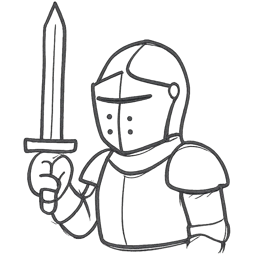 knight in armor with sword, hand drawn black outline style emoji