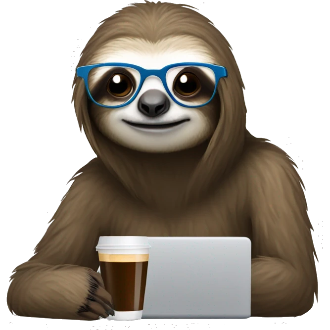 tired sloth wearing glasses with laptop and espresso tonic emoji