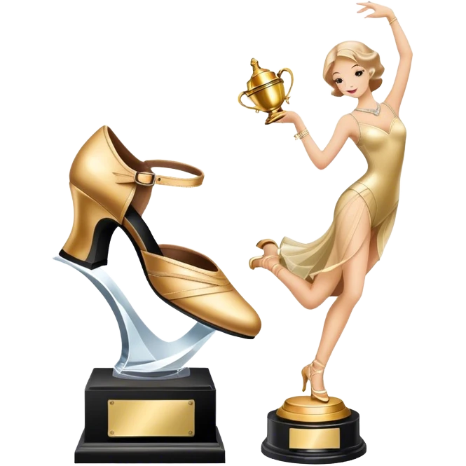 Icon for Ballroom Dancing: a pair of ballroom shoes, a dance floor with lighting, and a decorative dance trophy. The icon should represent the elegance and rhythm of ballroom dance through its key symbols. Transparent background. emoji