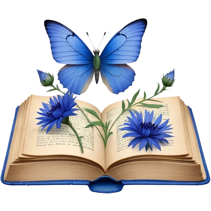 A vintage book with a worn blue cover, open to reveal pressed blue cornflowers and a resting green butterfly. emoji