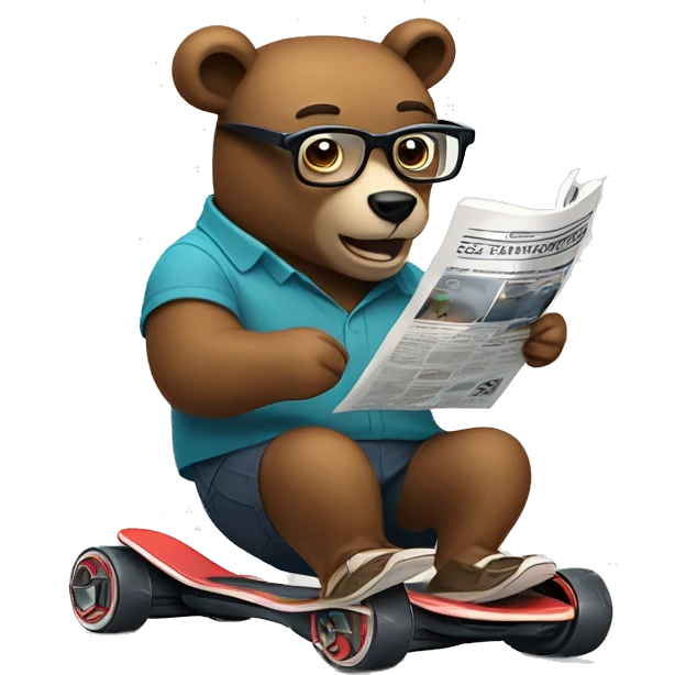 Bear riding a hoverboard while wearing glasses and reading a newspaper. emoji