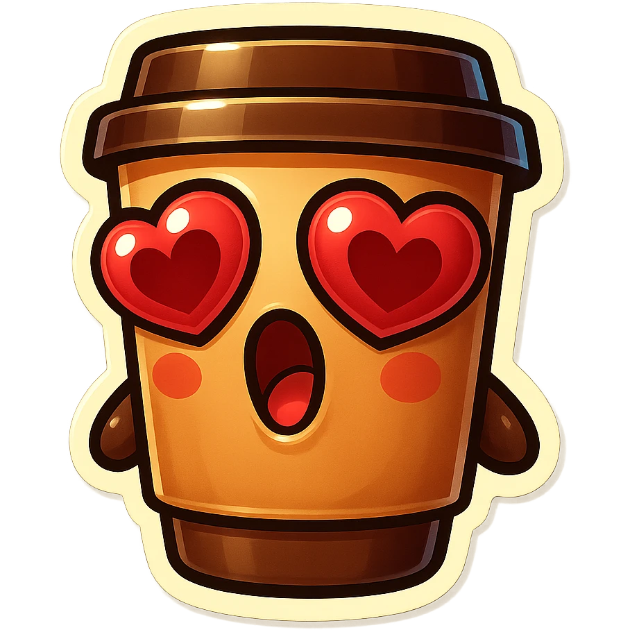 Tall coffee cup, big heart eyes, blushing, dramatic emoji