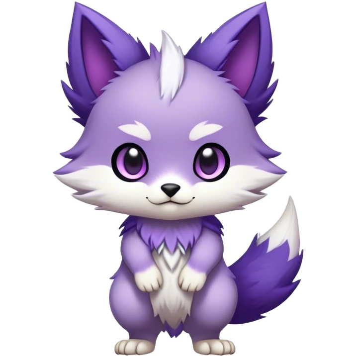  High quality Cute Cool Kawaii edgy Chibi Fur-Sona Purple fur, white belly, white tail tip, Fakemon-creature-animal-vernid-hybrid Full Body, facial markings emoji