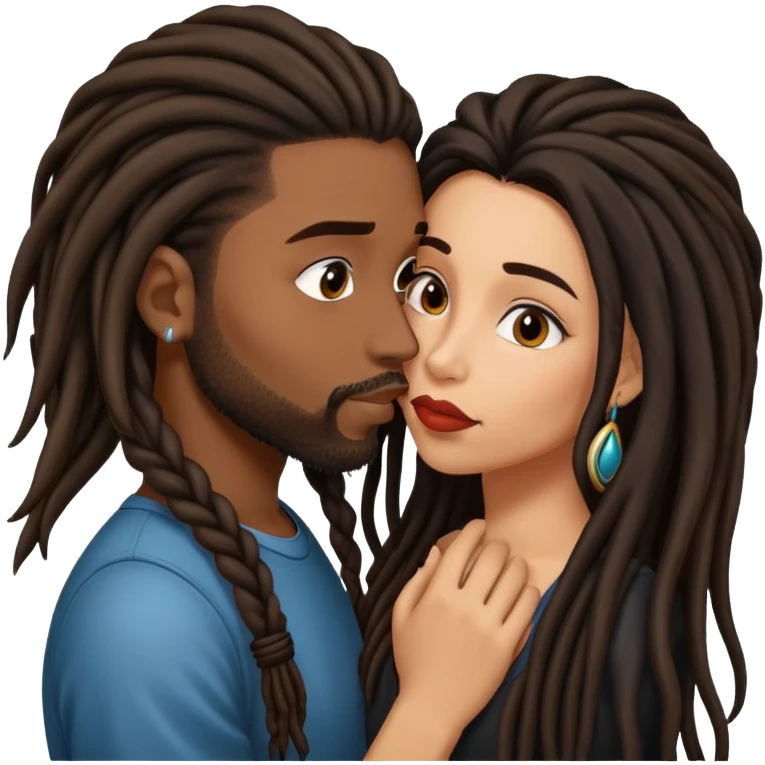 Latina Woman with long hair kissing a young black guy with dreads goatee emoji