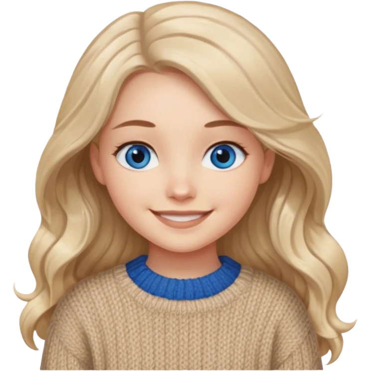ЗГЕНЕРУЙ ДІВЧИНУ З СВІТЛИМ, ТРОХИ ХВИЛЯСТИМ ВОЛОССЯМ, ОДЯГНЕНУ У В'ЯЗАНИЙ ТІЛЕСНИЙ СВЕТР. В НЕЇ ГОЛУБІ ОЧІ ТА ДОВГЕ ВОЛОССЯ, ВОНА УСМІХНЕНА emoji