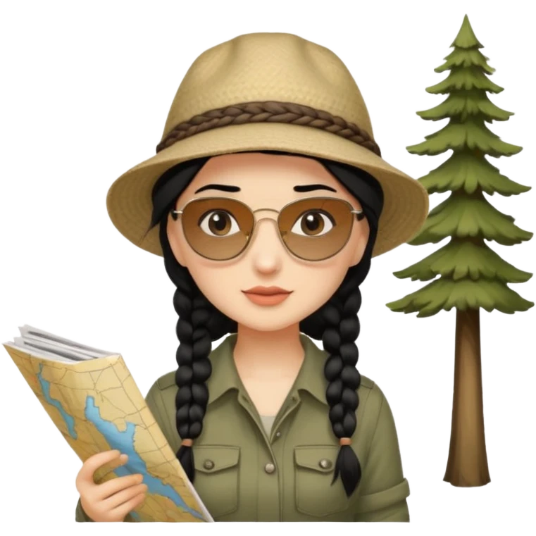 A braid black hair backpacking woman checking her map with curious eyes while wandering in the woods with camping hat emoji