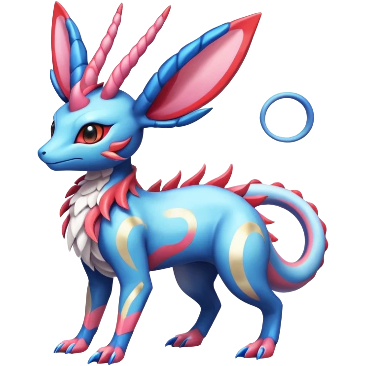 Shiny Horned Heliolisk-Sylveon-Salandit-Amaura-Fakémon-hybrid-creature (full body)  emoji
