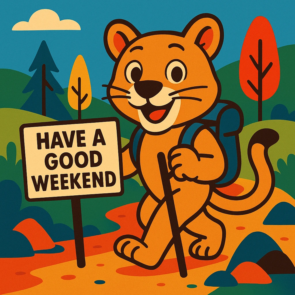 a cute cougar on a hiking trail, holding a sign that says 'Have a good weekend', in a colorful, modern illustration emoji
