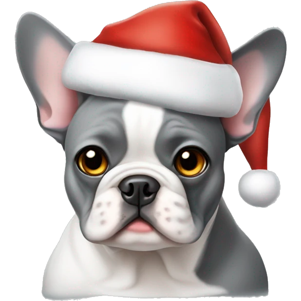 Grey and white pied French bulldog wearing Santa hat emoji