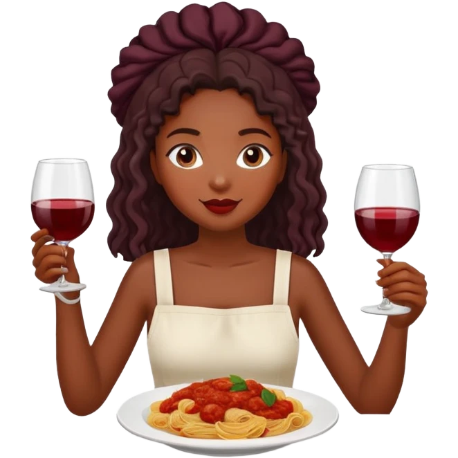 Black girl with glass of wine and eating pasta emoji