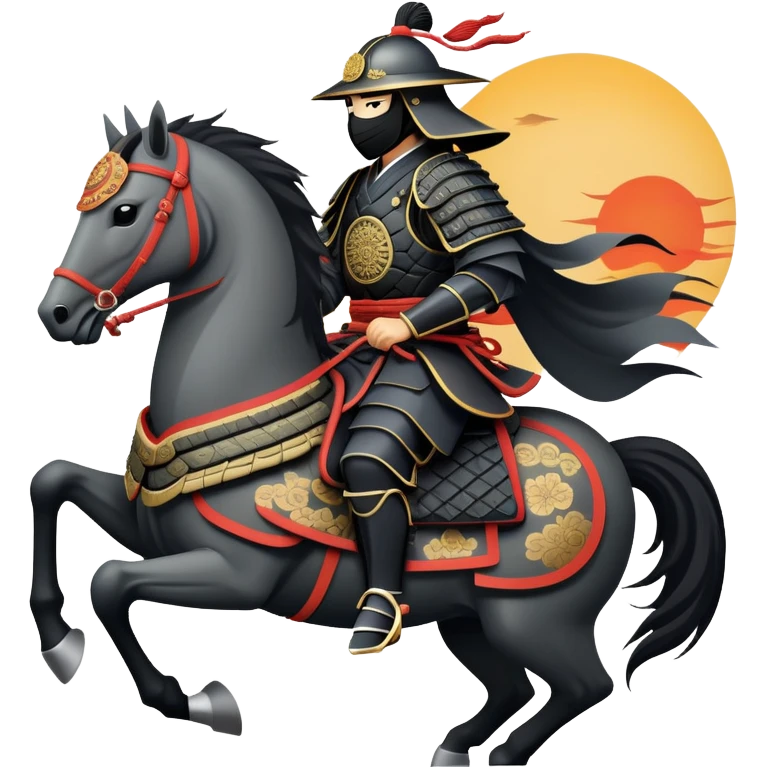 clash-of-clans-aesthetic_-cinematic-fearsome-and-majestic-samurai-bust-portrait-emoji, rendered in a flat, vector-style with minimal shading and bold, simplified shapes typical of emoji art, depicting a battle-hardened samurai with black mask and traditional black Japanese armor. The samurai is riding a noble grey warhorse adorned with an intricately designed saddle and fluttering banners and a rising sun. a samurai on a   horse emoji