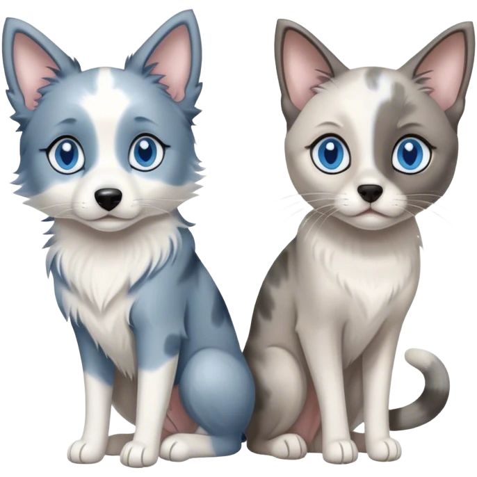 blue merle border collie with a grey siamese cat and a white, slimmer siamese cat with blue eyes emoji