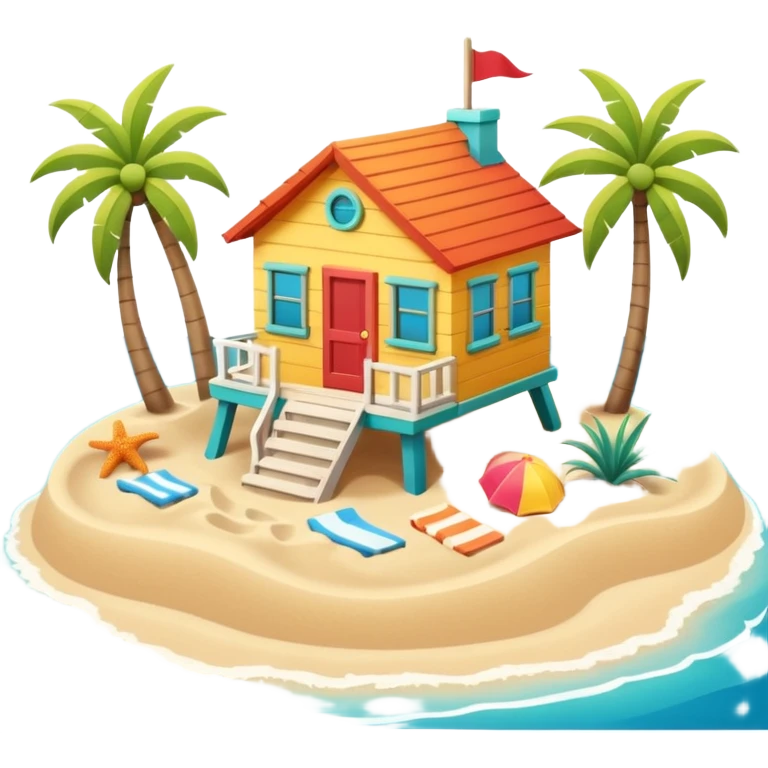beach house near ocean, sandy ground, small waves, tropical vibe, colorful house, 3D cartoon, cute game icon, clean background, no text emoji