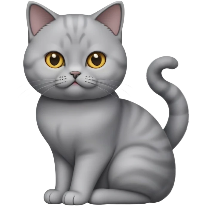 cinematic-[British shorthair cat]-realistic-full-body-sitting-emoji,-tail-curled-playfully-around-its-paws,-head-tilted-dramatically,-sleek-[grey]-fur,-simplified-yet-hilariously-adorable-features,-highly-detailed,-glowing-with-an-almost-sarcastic-glow emoji
