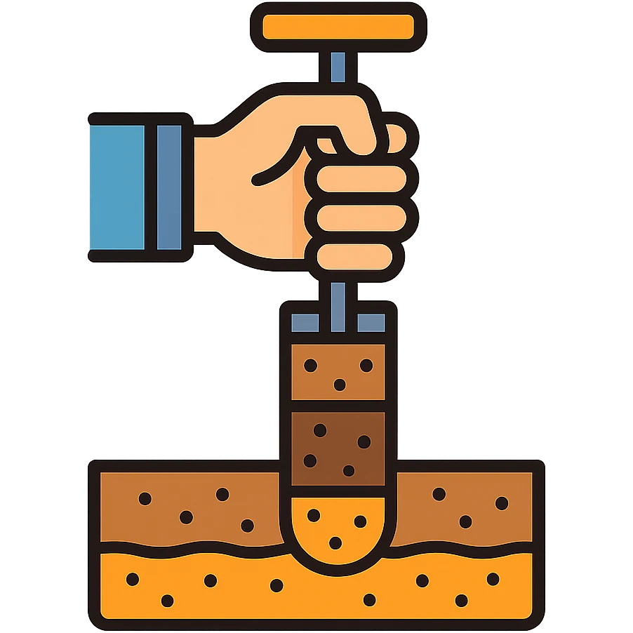 hand holding a soil core sampler extracting a soil column, with visible soil layers, for carbon dating, clean outlined color icon style emoji