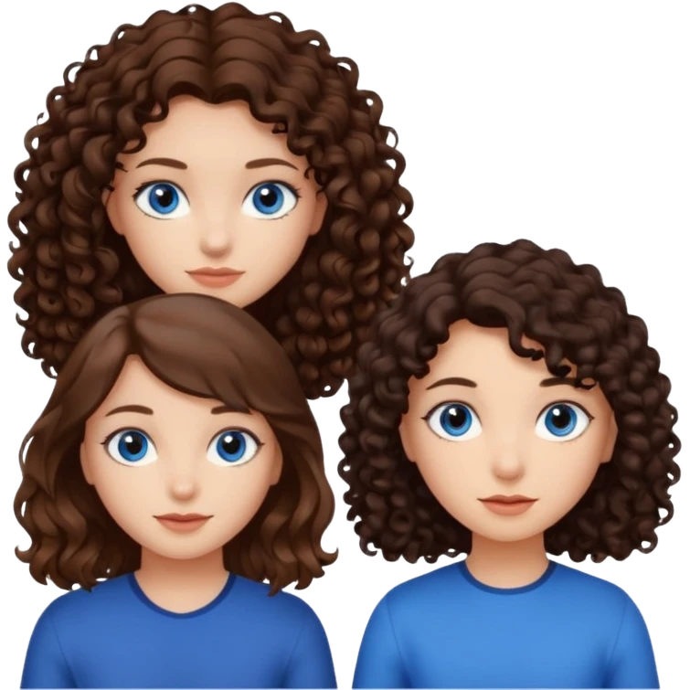A girl with with brown hair and blue eyes and two girls with dark curly hair with brown eyes emoji