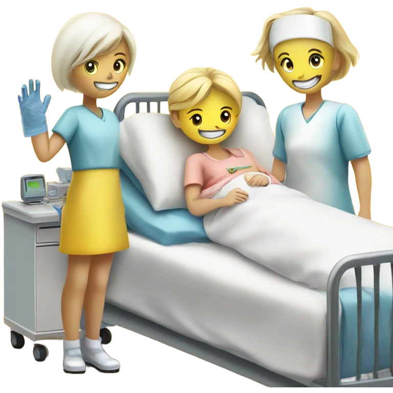 Two blonde children, sick, wearing masks, one Boy, one girl, sick in beds, at home, get well soon sign with yellow heart, blonde nurse at the head of the beds emoji