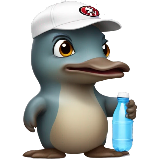cartoon platypus wearing a white 49er hat holding water bottle emoji