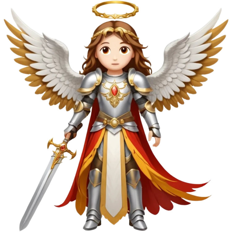  The angel has long brown hair surrounded by a golden halo and large white-and-orange feathered wings, wearing ornate silver armor with gold accents and a red sash. In its right hand it grips a white sword upright, while its left hand rests near the hilt of another weapon at its sid  emoji