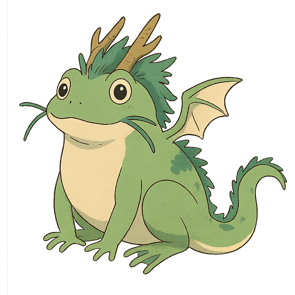 ghibli-inspired style of a dragon and frog fused together, cute and whimsical emoji