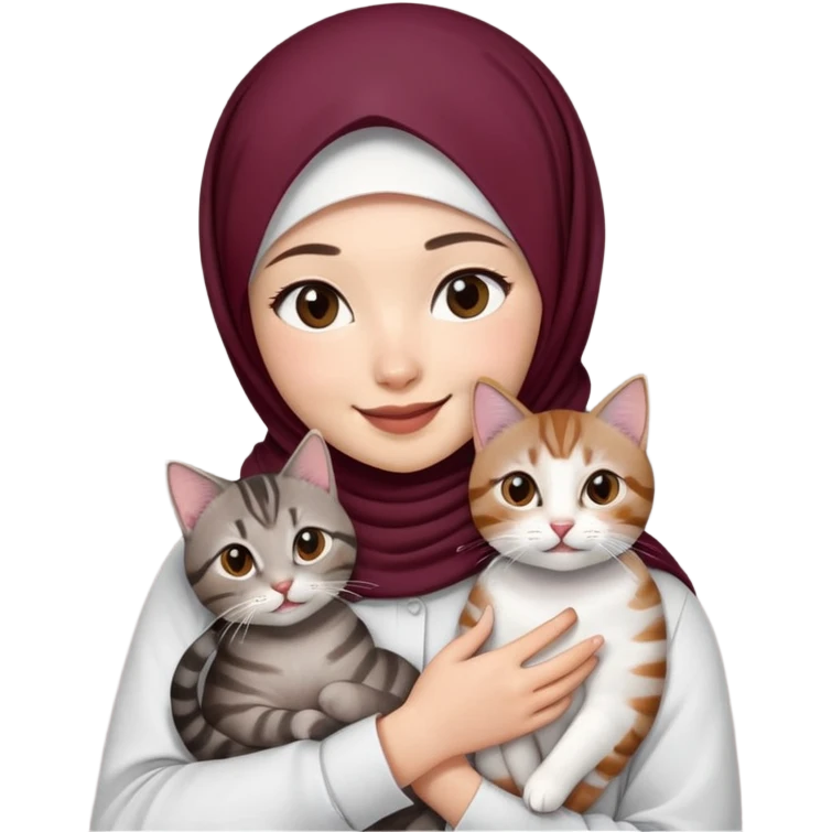 Asian white Girl wearing dark maroon hijab with white shirt smiling while holding a black brown grey tabby cat emoji