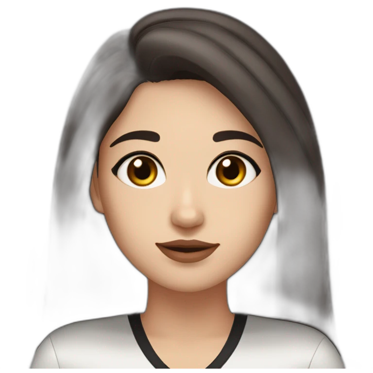White women with long dark brown hair and long eyelashes dark brown eyes and thick dark brown eyebrows with the black dog with a white stripe on the neck and ears raised up emoji