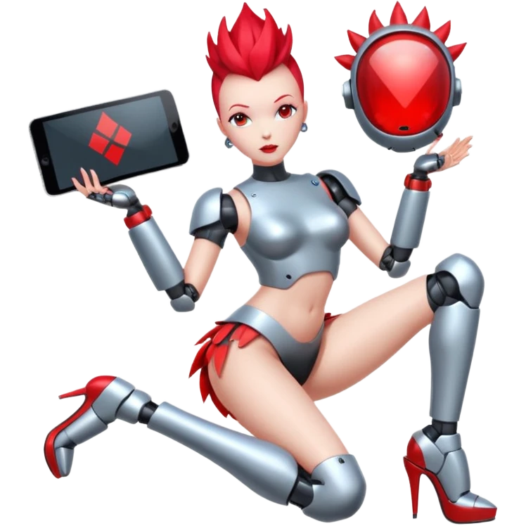 Sexy reflective glass faceless dronification robot girl with a red mohawk full body pinup pose  emoji