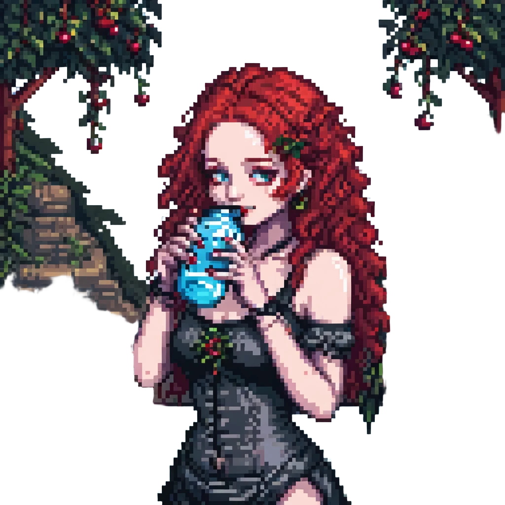 goth girl with red cherry curly hair drinking water, pixel art style emoji