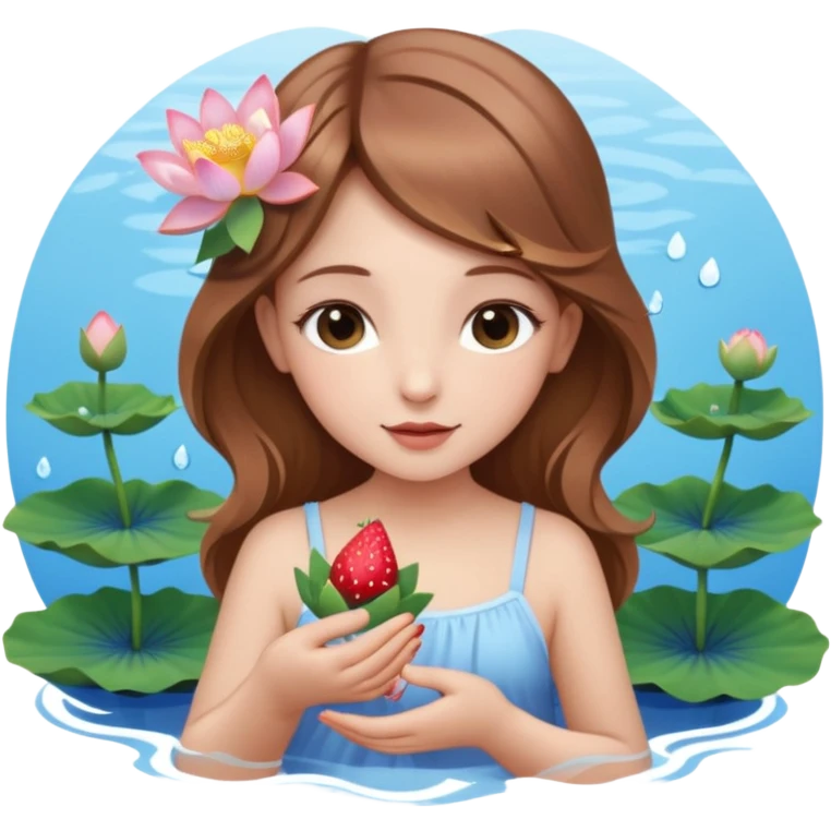 یه دختر زیبا با موهای قهوه ای روشن که مثل یک فرشته است و تازه متولد شده به همراه گل نیلوفر لای موهاش بالای گوشش و همراه با نیلوفرهای آبی و یک گل نیلوفر ترکیب شده با توت فرنگی در دست راستش emoji