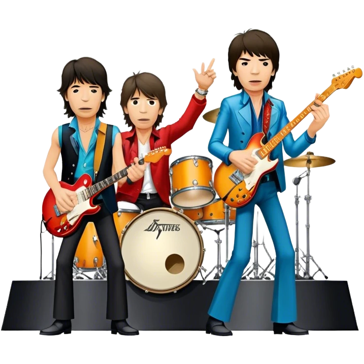 Icon for Rock Music: The Rolling Stones live on stage with Mick Jagger performing vocals, Keith Richards playing guitar, and Charlie Watts on drums. Iconic stage lights, electric guitars, and energetic crowd. Transparent background. emoji