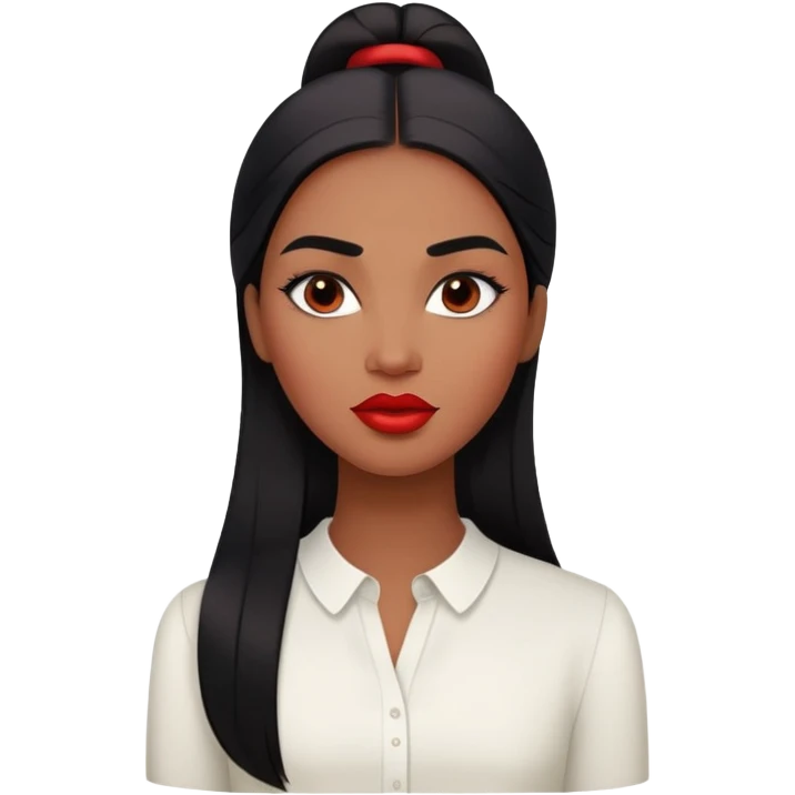 Young woman with medium to dark brown skin, oval face, high cheekbones, dark brown eyes, thick eyebrows, red lipstick, long straight black hair, wearing a white blouse emoji