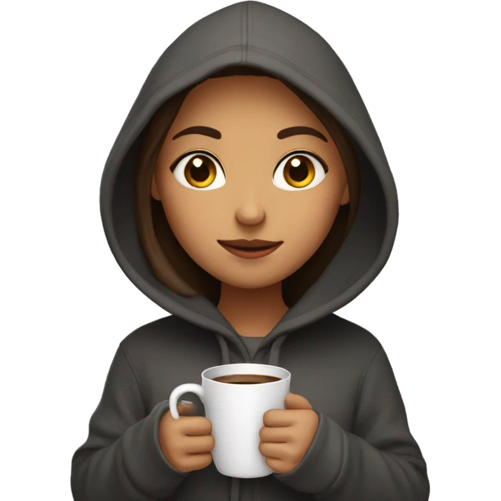 Girl with a hoodie, holding her cup of coffee and booj emoji