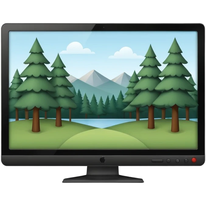 Minimalistic flat vector icon, iOS style, thin black contour on white background. Computer monitor with a simple forest scene on the screen (trees, minimal landscape). Clean, no text, no shadows emoji