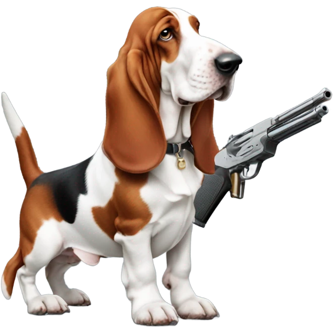 Red and white basset hound with gun emoji