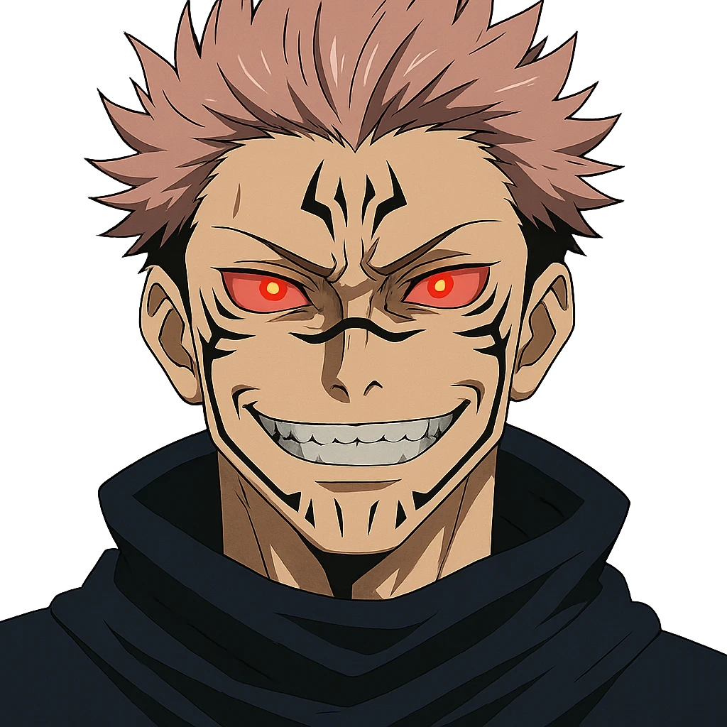 Ryomen Sukuna close-up, sinister smile, glowing red eyes, facial tattoos, anime style emoji