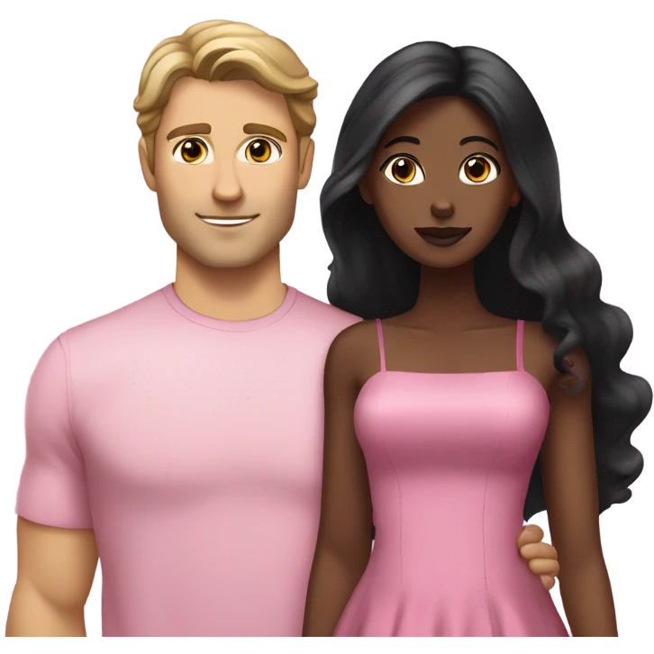 A handsome white man who has long brown hair and tanned skin with a pretty black woman who has long black hair and she is wearing a pink dress and they are a couple emoji