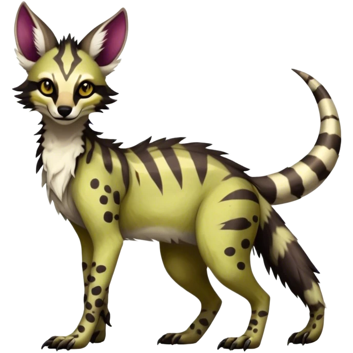 Feral Rare Fantasy dark vibrant Vernid-Sergal-Genet-species-animal-creature-hybrid by LiLaiRa, random markings, tufted ears, full body, 4 legs emoji