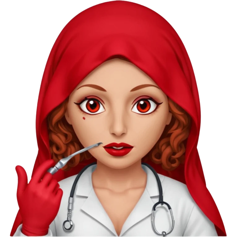 Lilith scalpel in hand, evil surgeon sexy surgeon clothes.  She has red eyes. She brown long curly hair. Wears sexy doctor outfit with red gloves.hair is free and brown  Wears red burka to hide her mouth and nose emoji