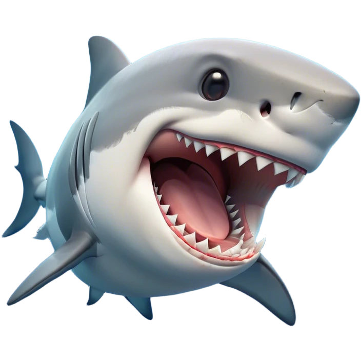 Cinematic Cute Yawning Great White Shark Portrait Emoji, Head tilted slightly with a dramatic, wide-open yawn, showcasing its robust, streamlined form with a slightly open mouth revealing powerful jaws and sleepy, half-closed eyes, Simplified yet irresistibly adorable features, highly detailed, glowing with a soft, cozy oceanic glow, high shine, relaxed yet expressive, stylized with a hint of whimsical aquatic ease, soft glowing outline, capturing the essence of a drowsy yet affectionate great white shark that appears ready to stretch and yawn its way out of the screen! emoji