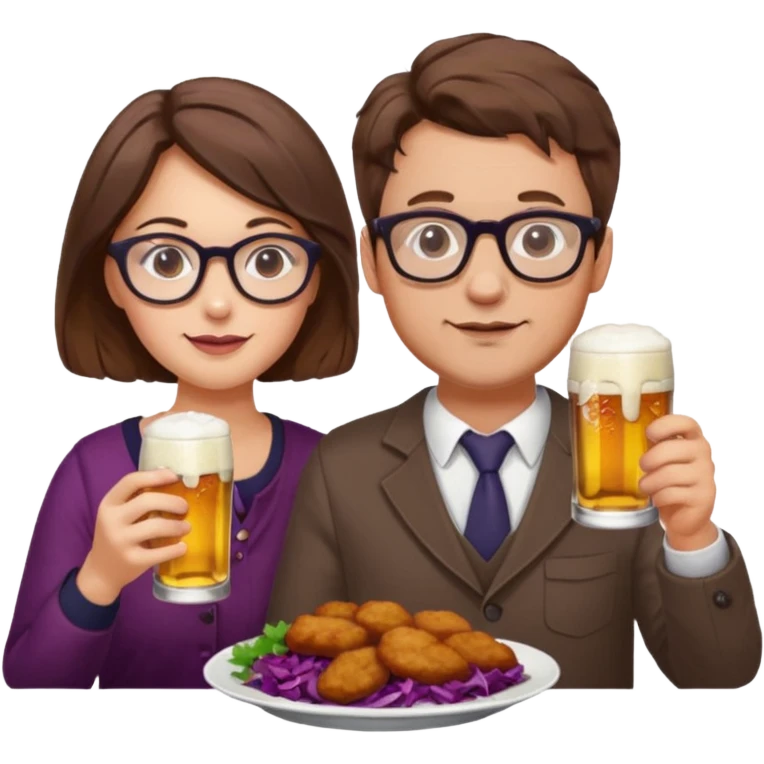 German man with glasses and brown hair and woman with glasses and brown hair eating schnitzel, red cabbage, potatoes, and drinking a beer emoji