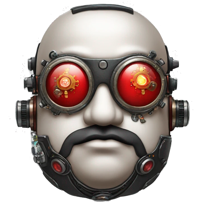 Fat cyborg head with red steampunk goggles, black goatee and circuits emoji