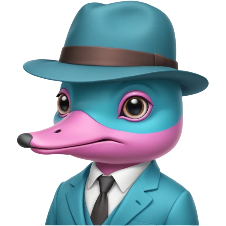 cute light blue turqiouse platypus head, mysterious with very big eyes with a detective hat, no  hands, looks like a platypus but blue, the hat and suit are pink emoji