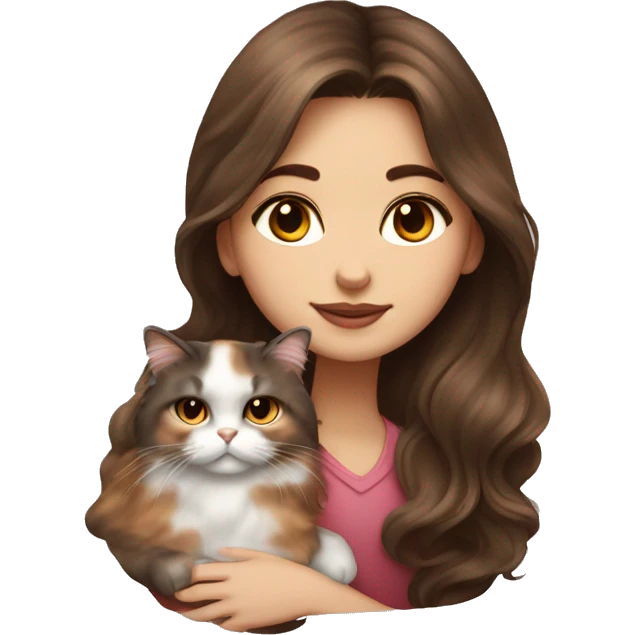 brunette girl with long wavy hair snuggling Calico Persian cat emoji