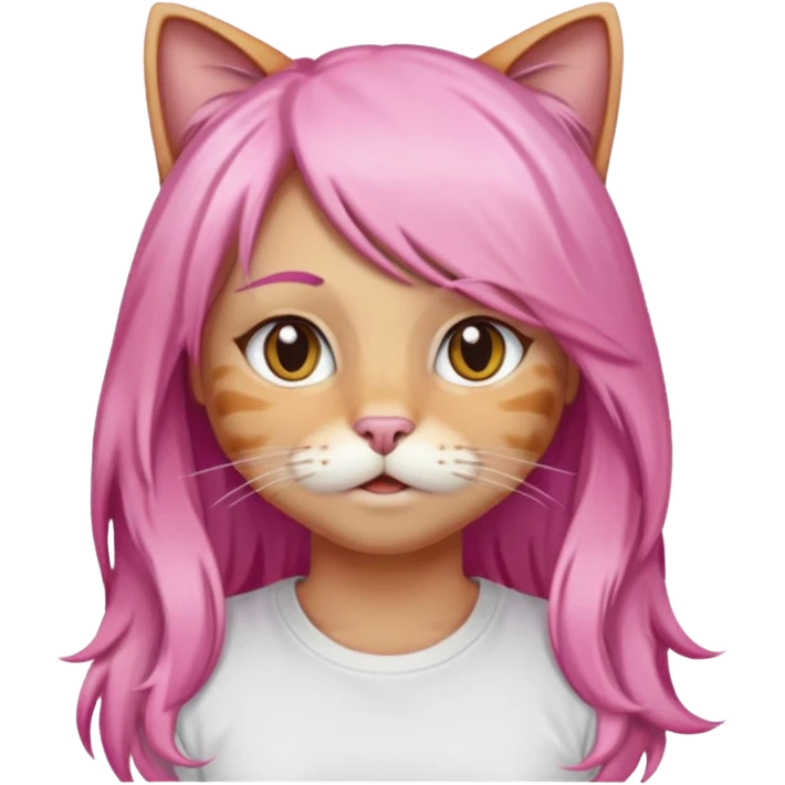 calico cat wear long pink hair wig, white T-shirt emoji