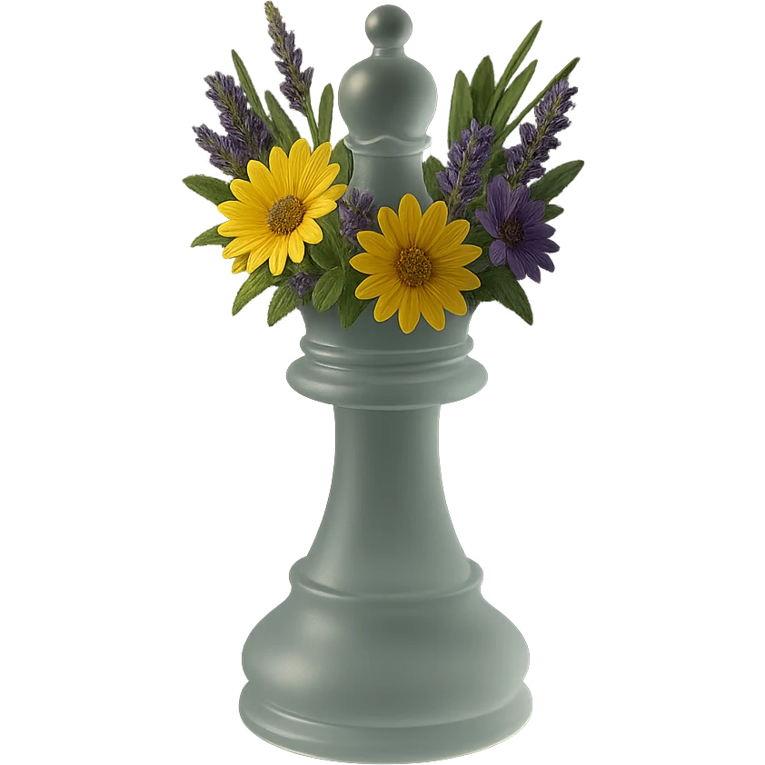 Edit the 3D queen chess piece to have flowers as a crown, inspired by eco-hacktivists, elegant and natural style, with no background. emoji