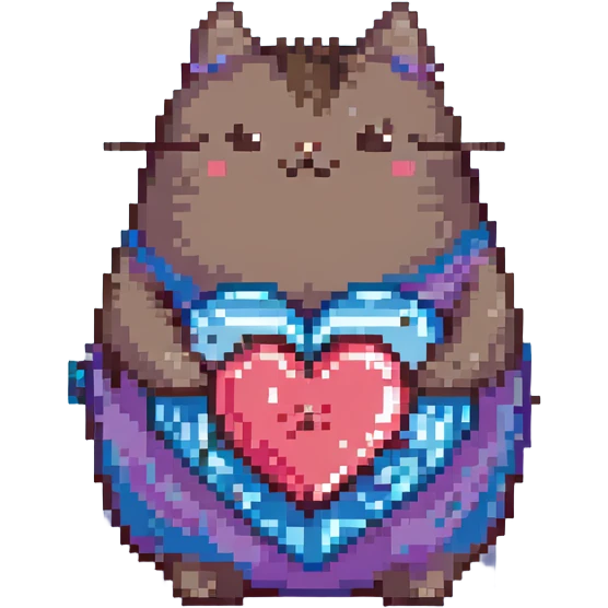 Pusheen hugging a big heart, pastel colors, adorable, pixel art style emoji