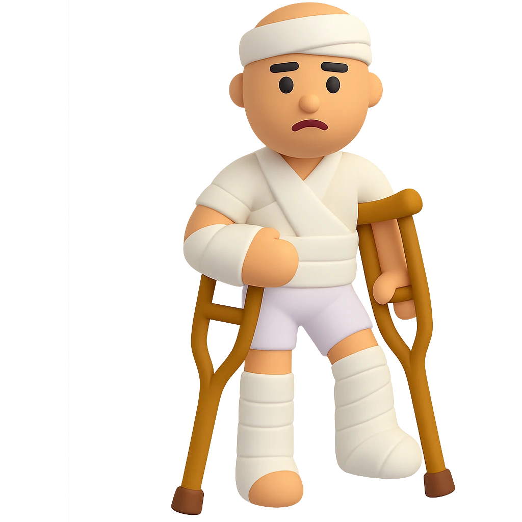 Add crutches and show more bandages on the injured man in the style of microsoft 3D fluent emojis. Keep the 3D emoji style with no background. emoji