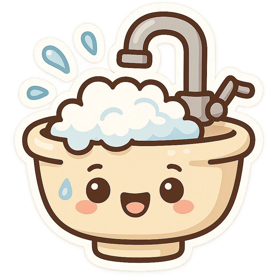 卡通风格洗手台 emoji，带有泡沫和水珠 emoji