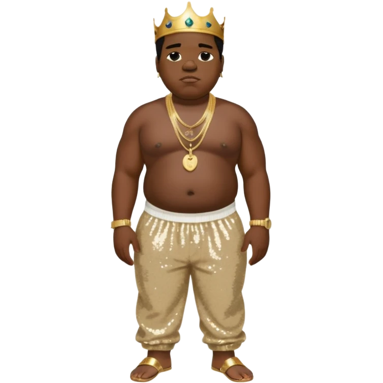Biggie Smalls with ivory sequin baggy pants, shirtless with necklace emoji
