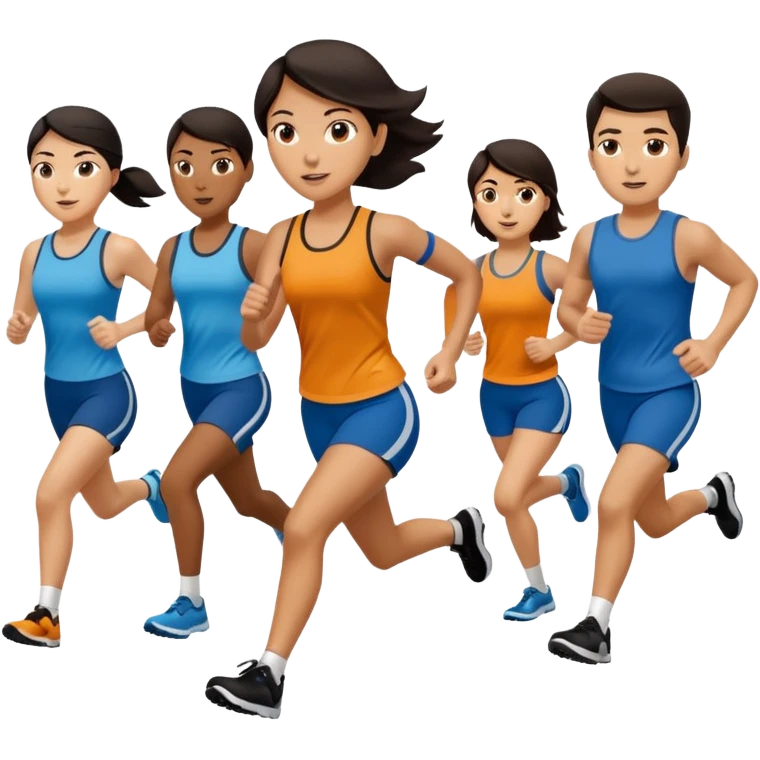 a female co-worker running and other co-workers chasing her  - female co worker with dark hair way in front... others far behind -- male and female co workers chasing female co worker -- make the other co workers far away in distance emoji